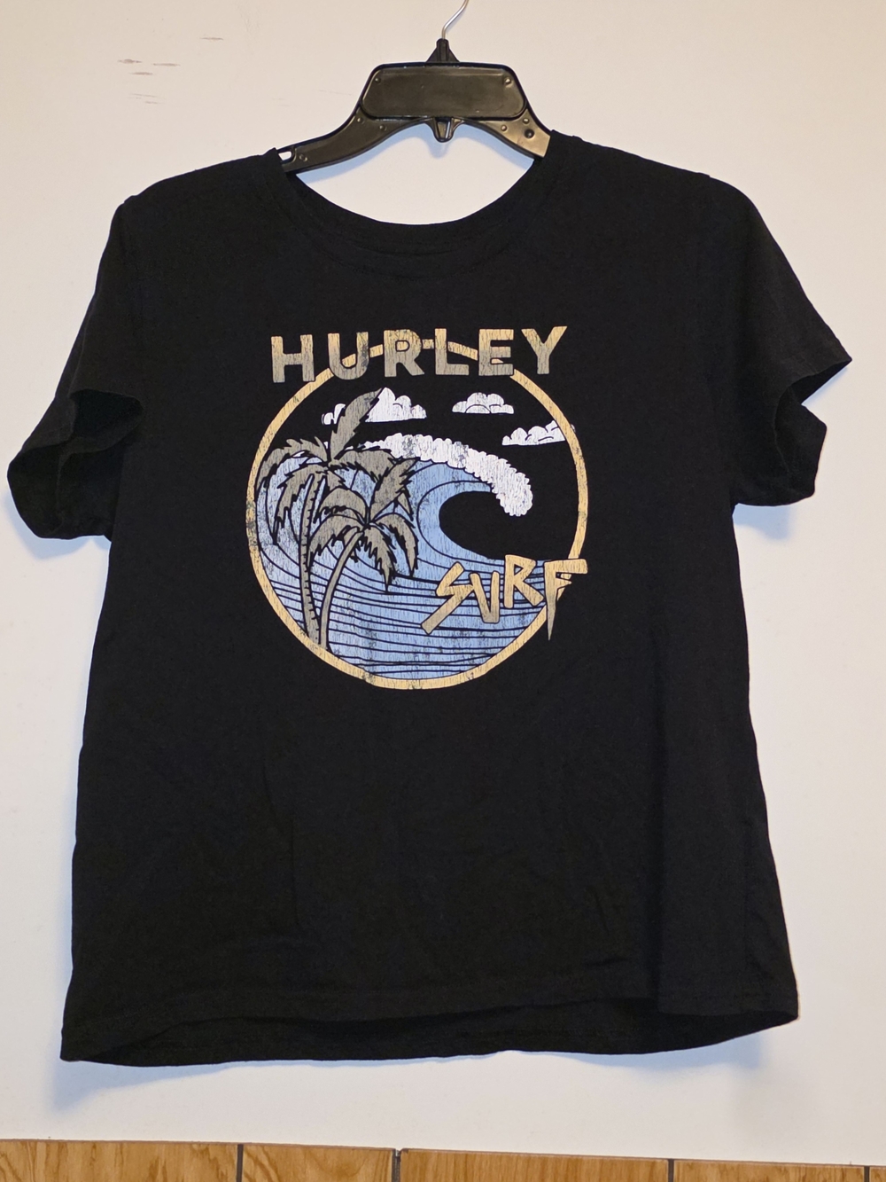 Hurley Black Tee with Blue Wave and Gold Palm Graphic